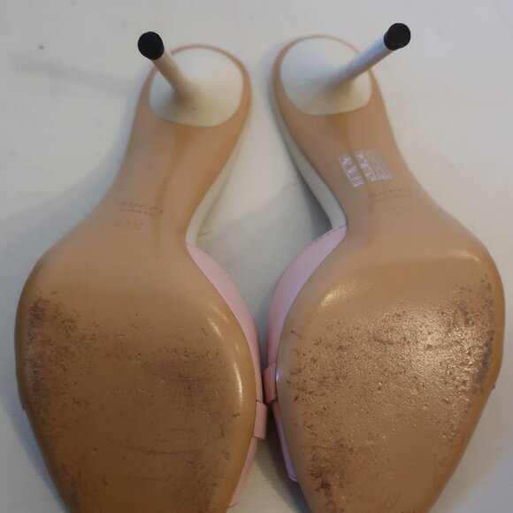 Womens Gucci Pink Stiletto Heel Open Toe Leather Sandal Mule Heels 38.5 US/8.5 - Picture 10 of 11